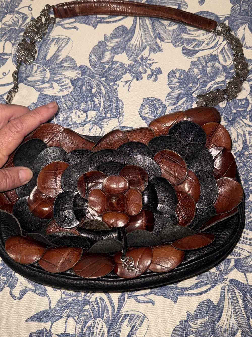 Brighton Brown and Black Floral Leather Shoulder Bag with Chain Strap